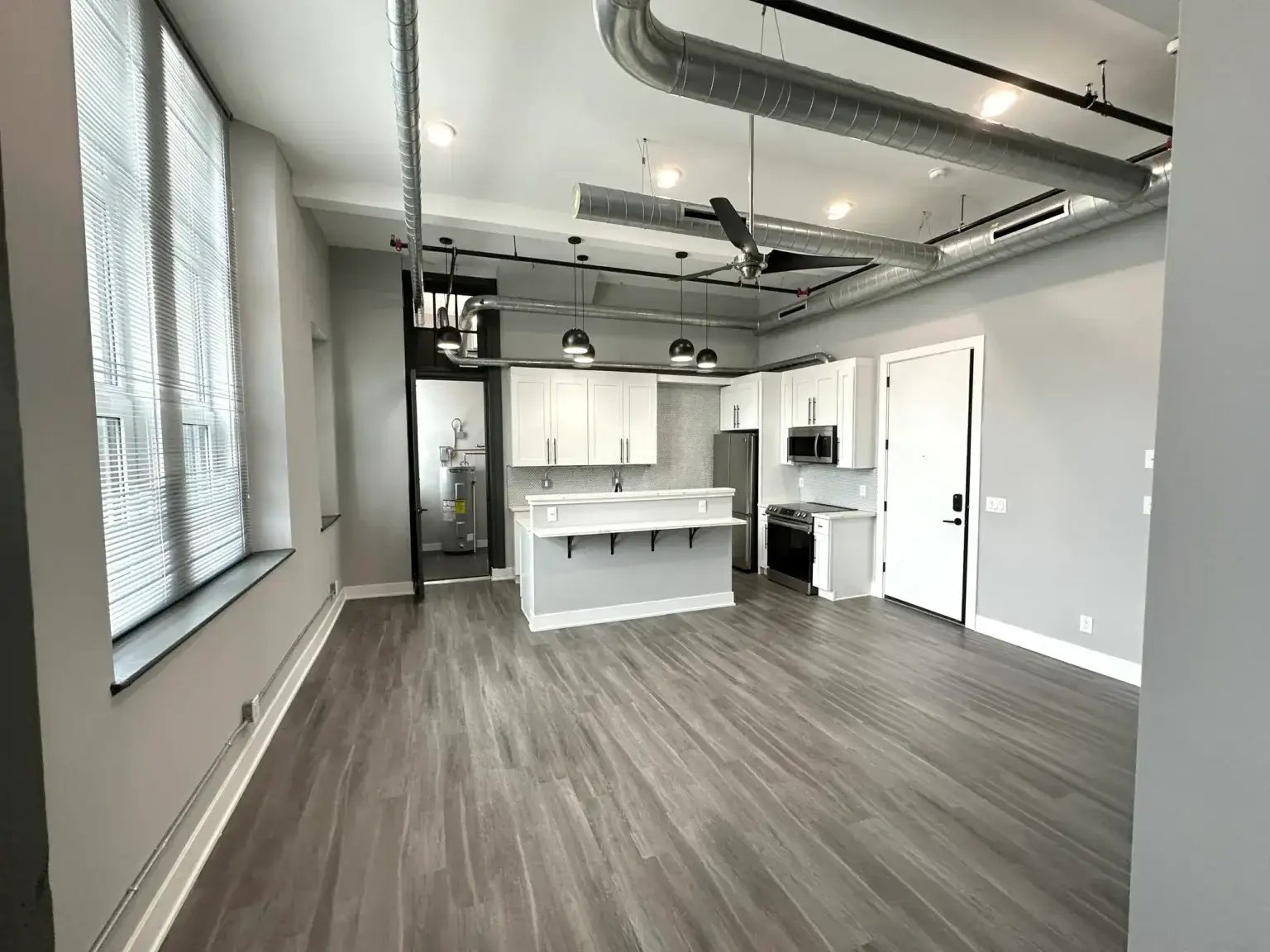 3701 Frankford Ave Unit 202 view into kitchen and living area showing high celings, wood floors and natural window light