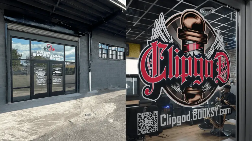 A collage of two images one showing the front of Earn Everything Gym and the other the entrance to Clip God Barber Studio